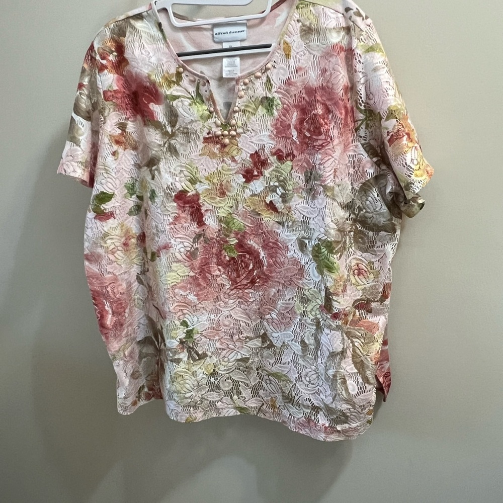 Alfred Dunner Floral Lace Overlay Short Sleeve Top - Pink Multi Size XL